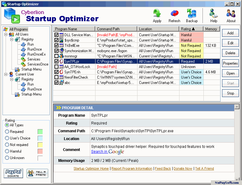 Startup Optimizer 1.6 program screenshot