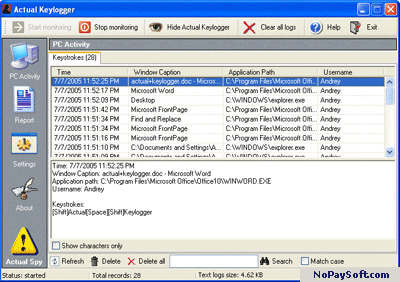 Actual Keylogger 2.4 program screenshot