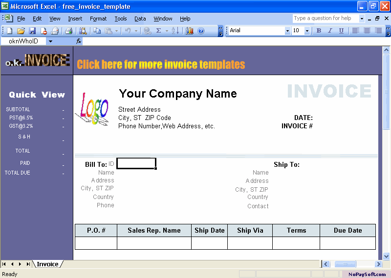 Excel Invoice Template 1.1 program screenshot