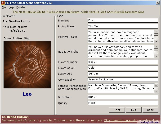 MB Free Zodiac Signs Software 1.25 program screenshot