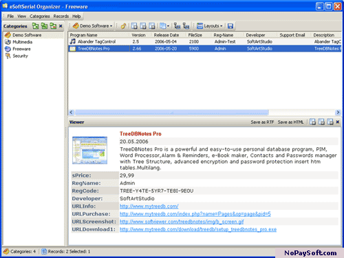 eSoftSerial Organizer 1.06 program screenshot