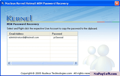Kernel Hotmail MSN Password Recovery 4.02 program screenshot